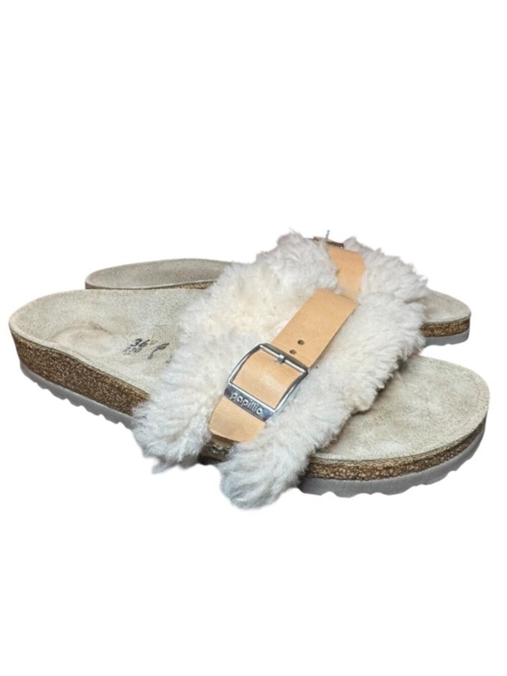 Papillio by Birkenstock Madrid Leather Slide Sandals EU 36 Narrow Shearling Trim